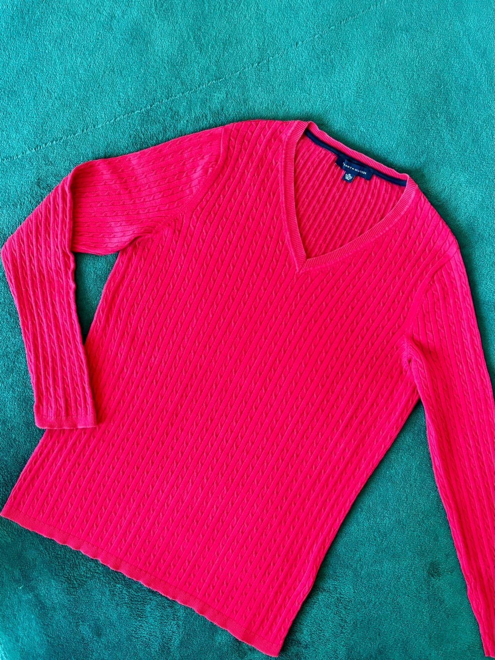 Tommy Hilfiger Women’s V-Neck Cable Knit Sweater - Bright Pink